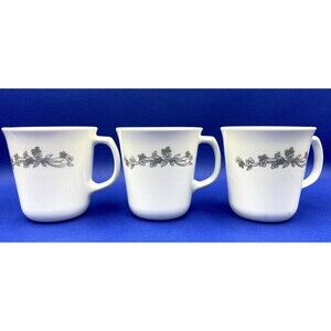 Vintage Corelle Ribbon Bouquet Coffee Cups Set of 3 – White & Gray Flowers, 8 oz